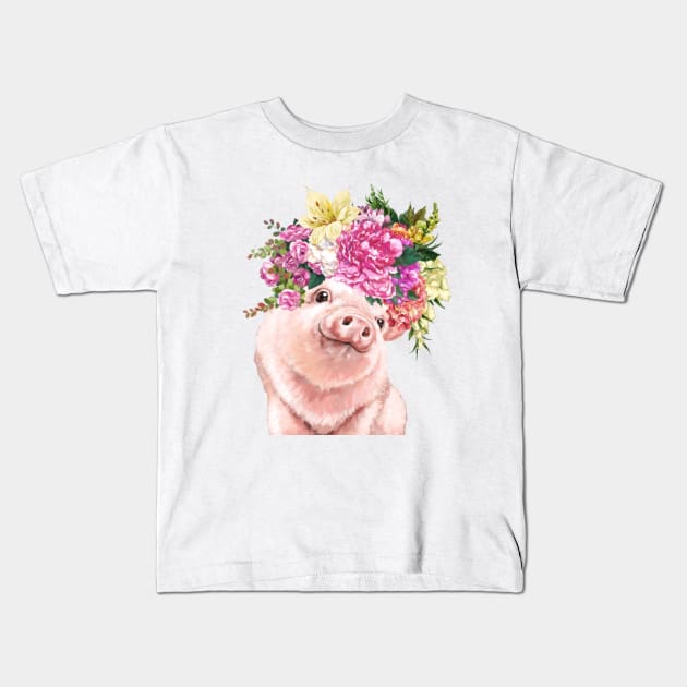 Lovely Baby Pig with Flower Crowns in Green Kids T-Shirt by bignosework